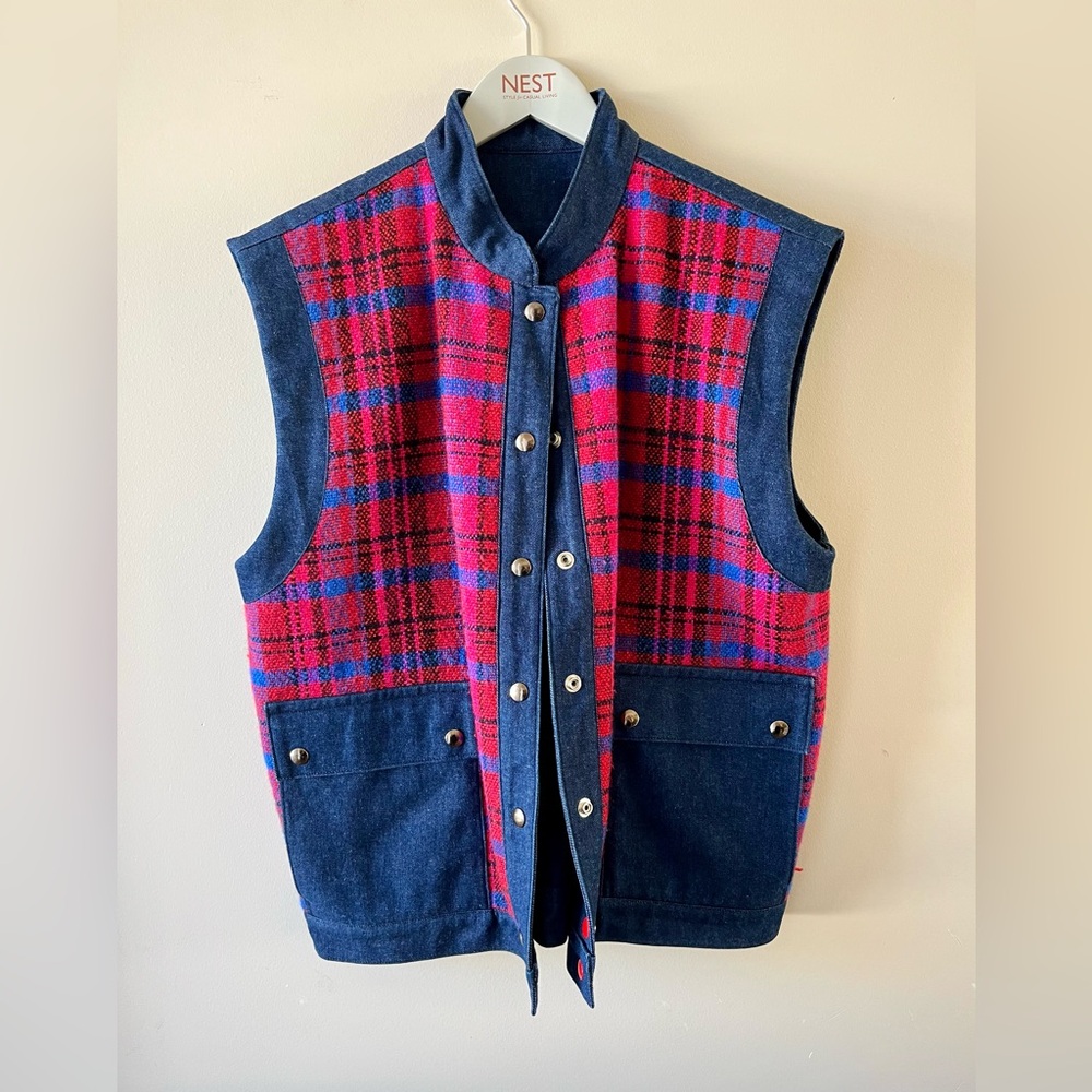Oversized Reversible Denim & Plaid Vest - Cottagecore - Cabincore - Western